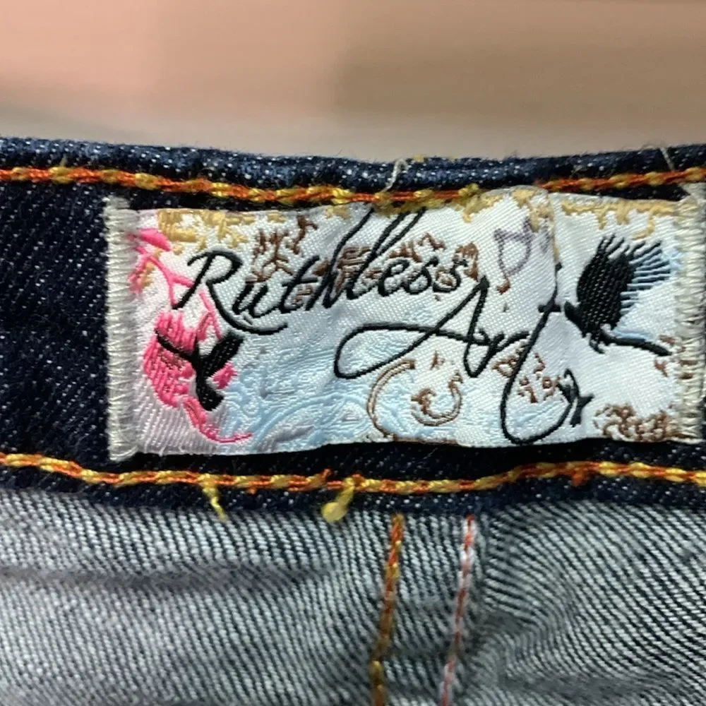 Ruthless Art NWOT Dark Blue Denim Low-Rise Embroidered Bootcut Jeans Sz 13/31